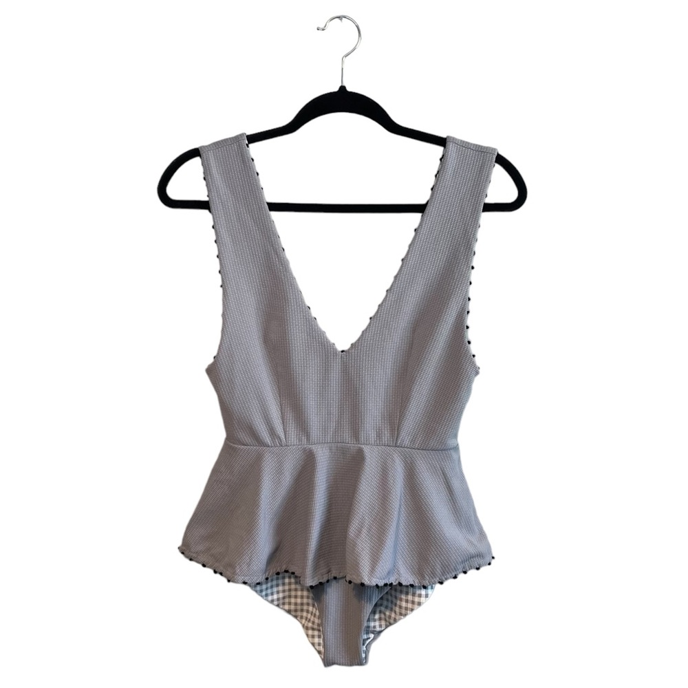 Marysia Gray Gingham Pom Pom French Gramercy Peplum One Piece Swimsuit Small